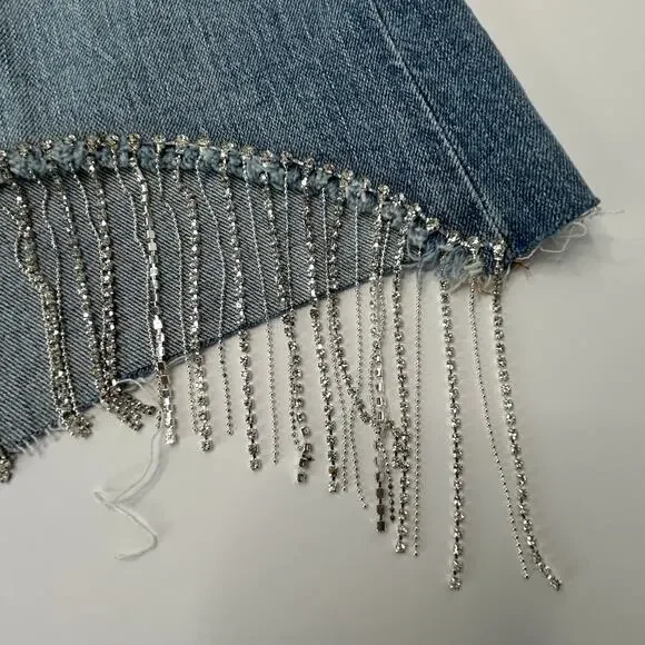 Good American Bombshell Rhinestone Fringe Cutoff Jean Shorts Blue Women 16 NWT - Picture 4 of 12